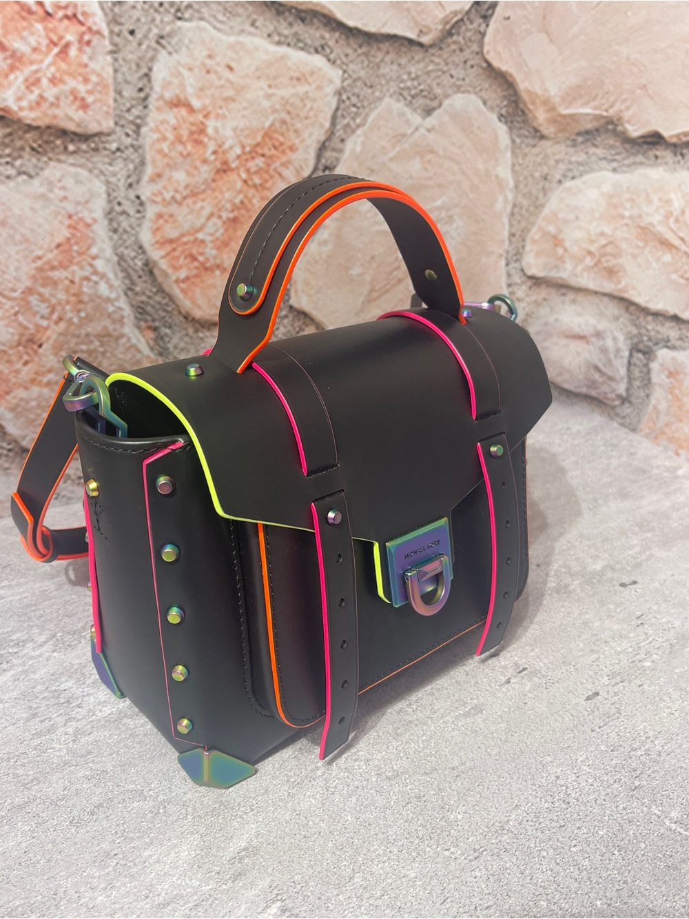 Michael Kors Manhattan Medium Neon Contrast Satchel Black